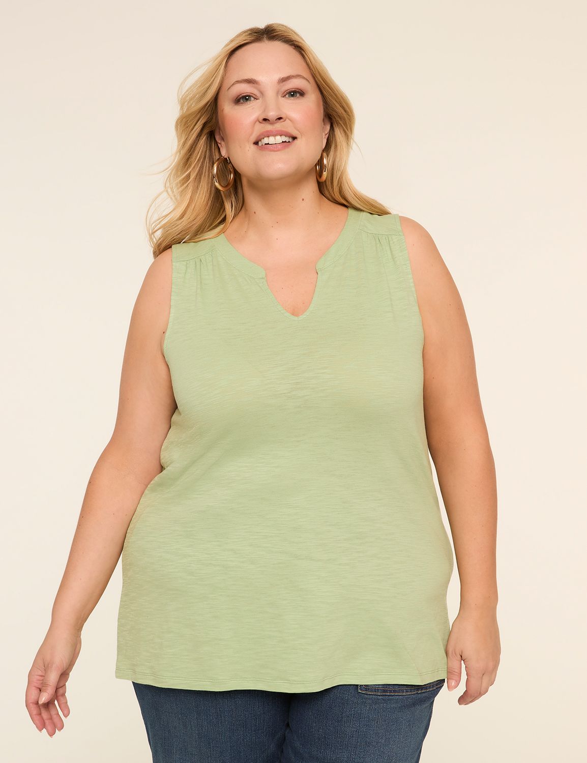 Shirred-Shoulder Notch-Neck Tank
