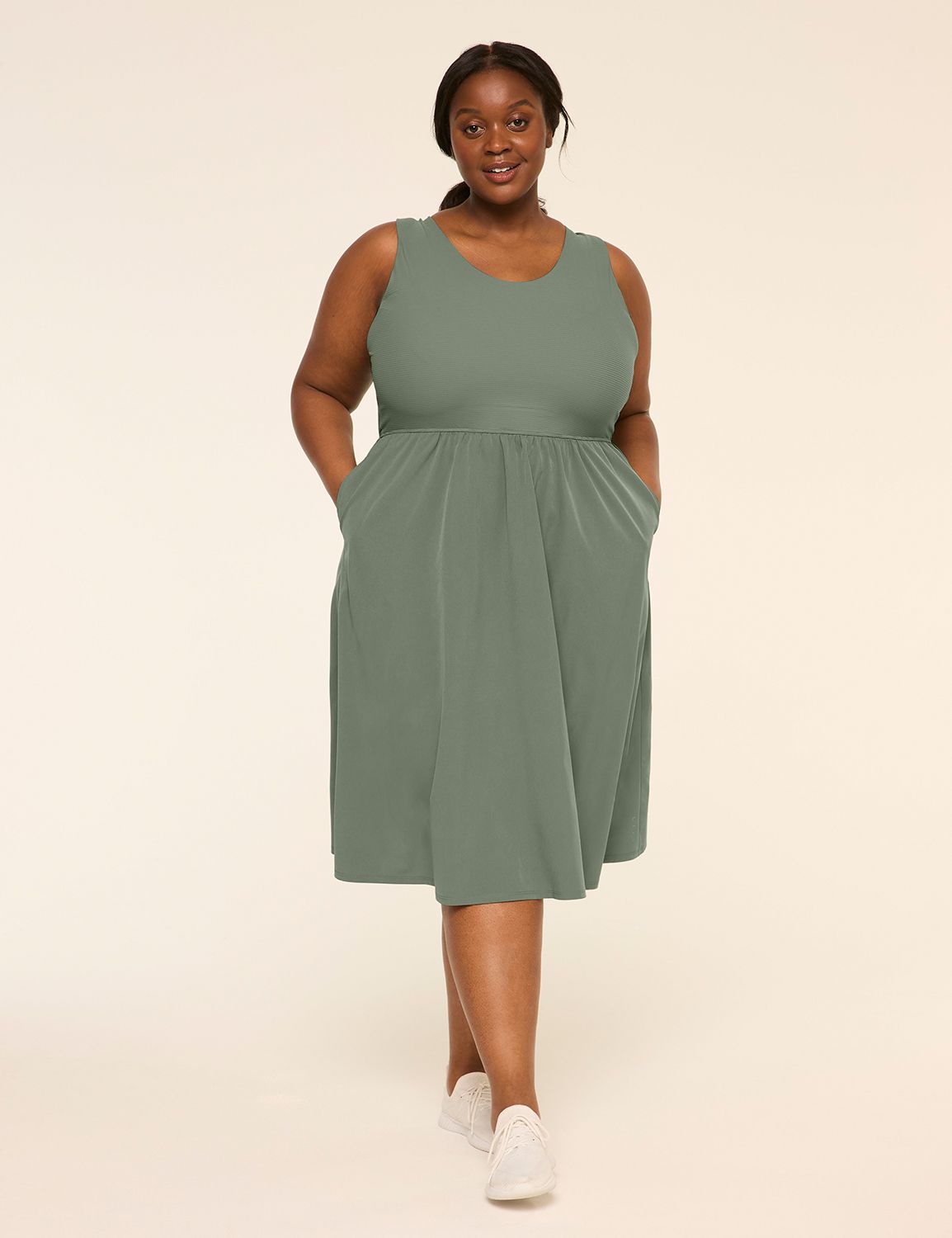 LIVI Sleeveless Rib-Mix Midi Dress