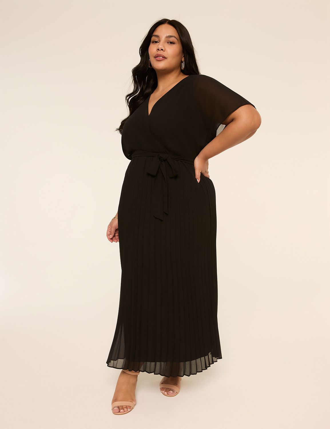 Pleated-Skirt Faux-Wrap Maxi Dress