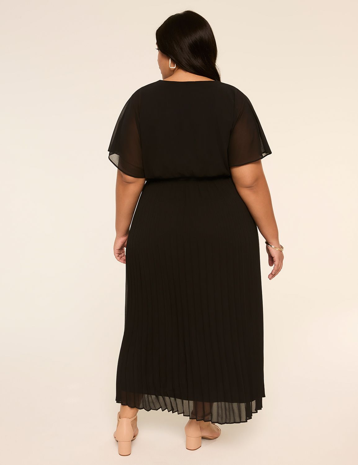 Pleated-Skirt Faux-Wrap Maxi Dress