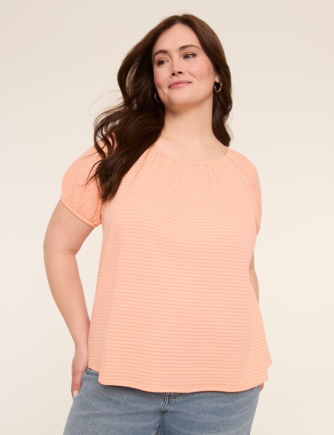 Crew-Neck Puff-Sleeve Textured Top
