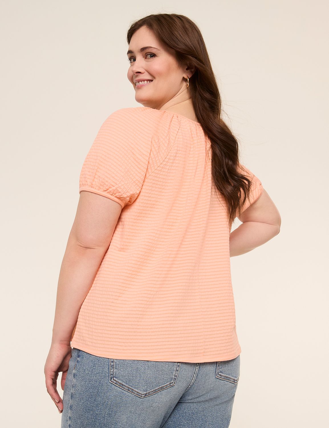 Crew-Neck Puff-Sleeve Textured Top