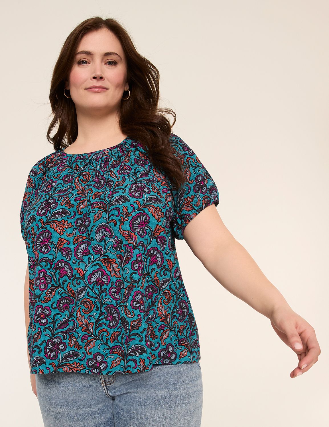 Crew-Neck Puff-Sleeve Crinkle Top