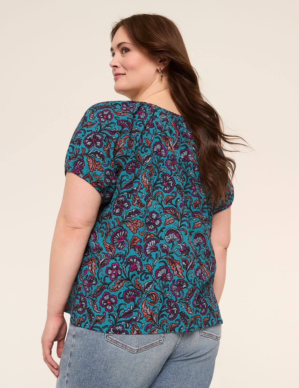 Crew-Neck Puff-Sleeve Crinkle Top