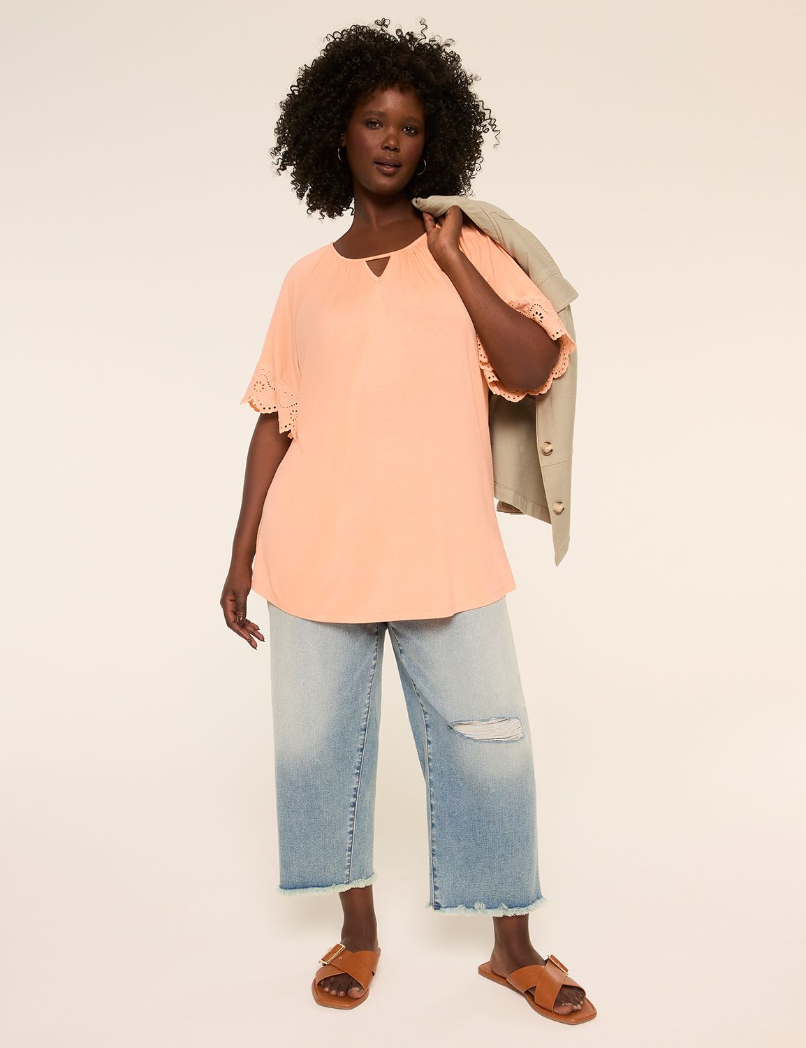 Crew Neck w/ Notch Flutter Sleeve T Product Image 3