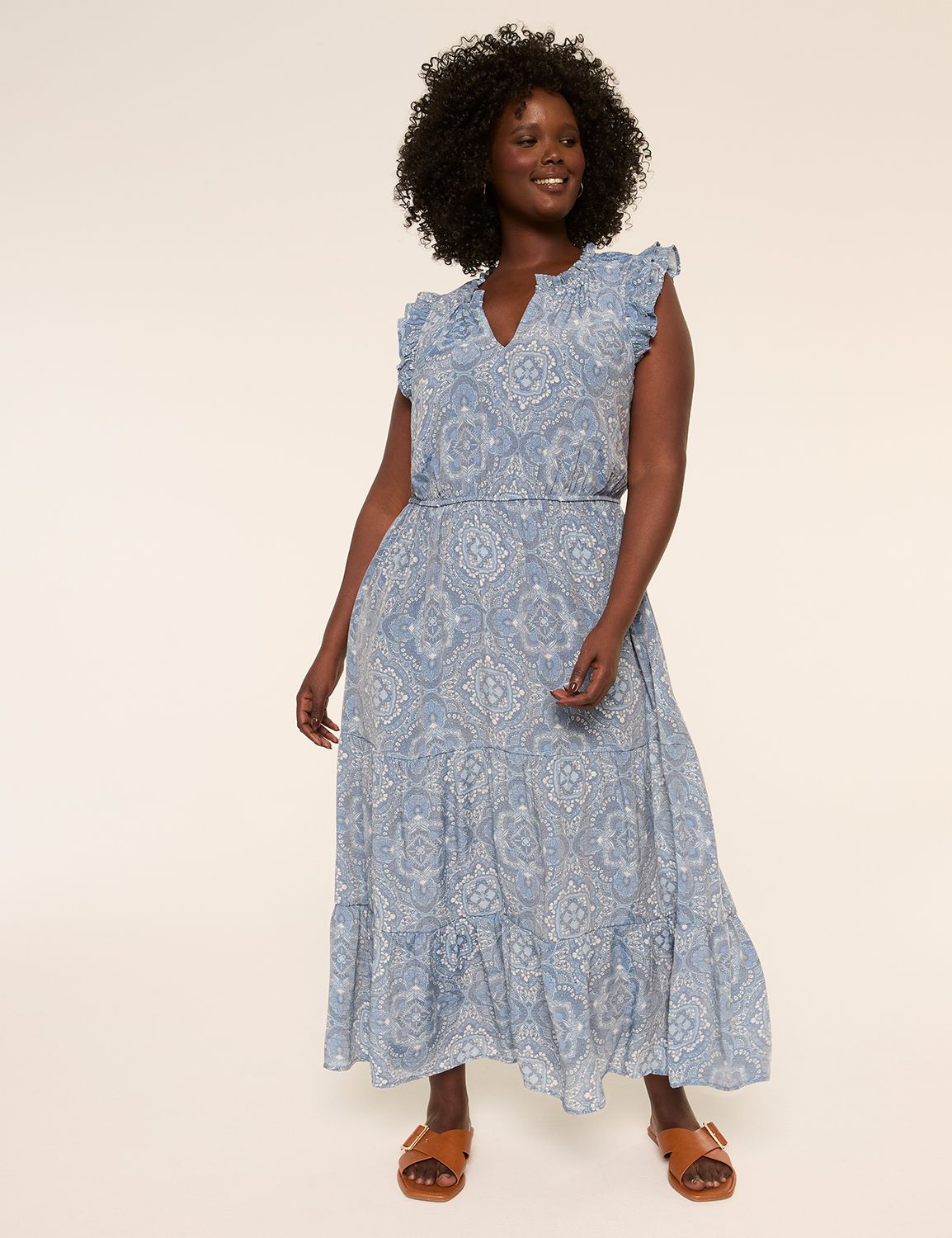 Flutter-Sleeve V-Neck Maxi Dress