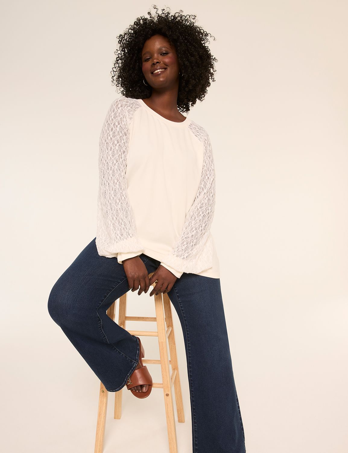 Long Lace Sleeve Crew Neck Raglan T Product Image 3