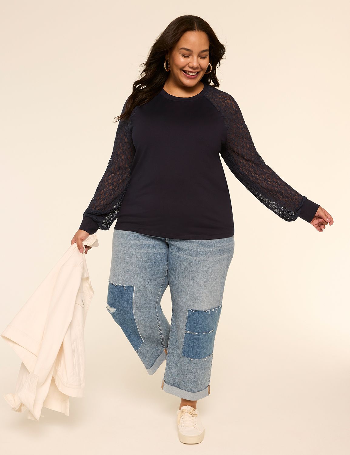 Long Lace Sleeve Crew Neck Raglan T Product Image 3