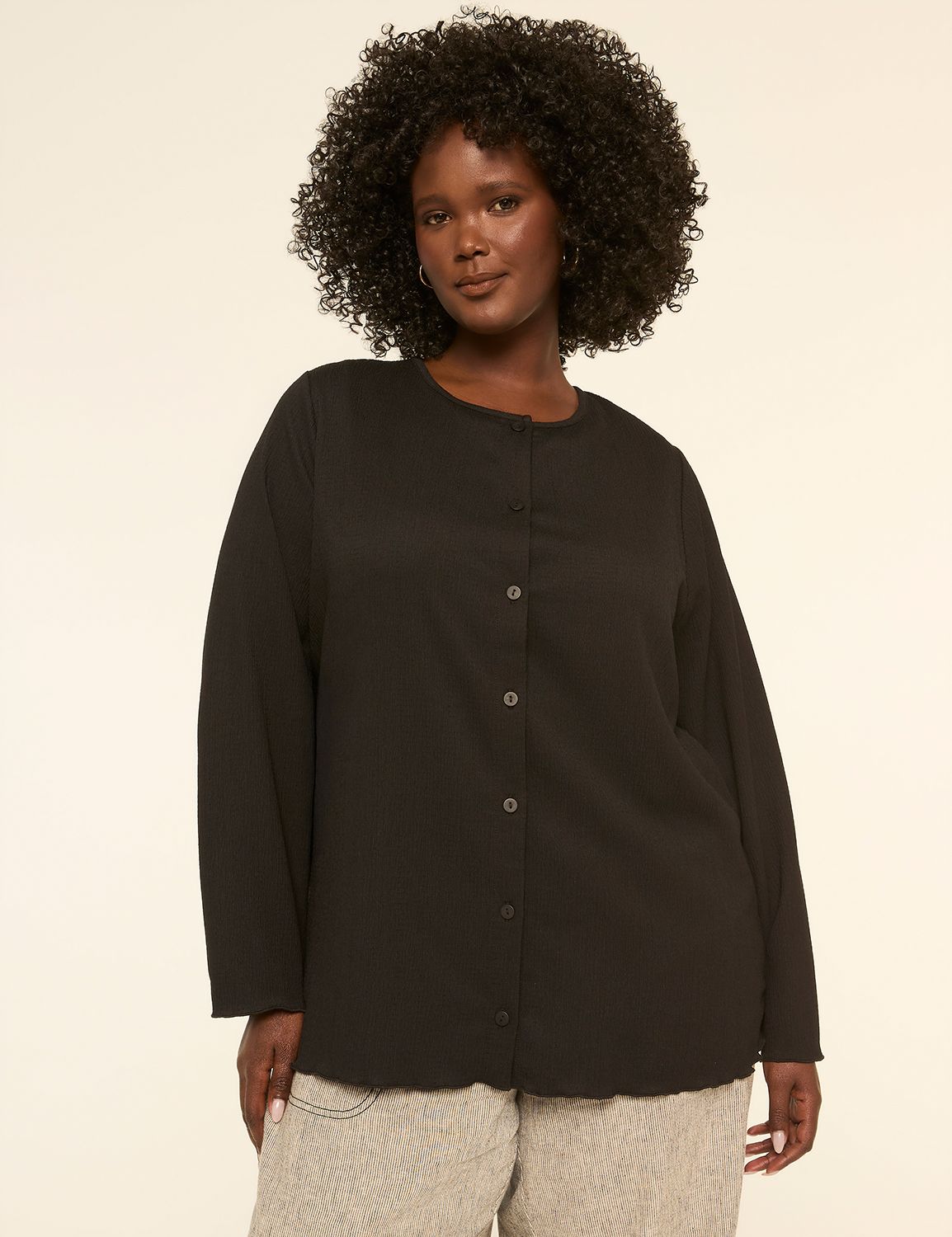 Crinkle Crew-Neck Button-Front Cardigan