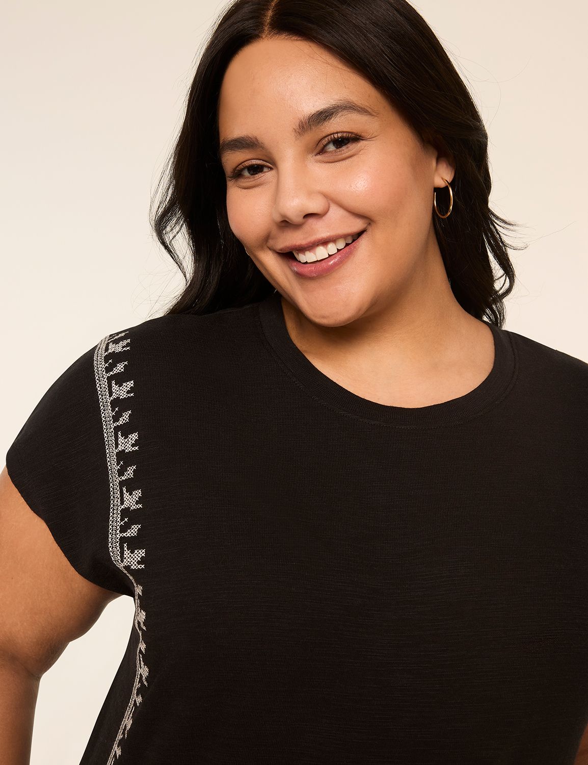 Embroidered Dolman-Sleeve Crew-Neck Top