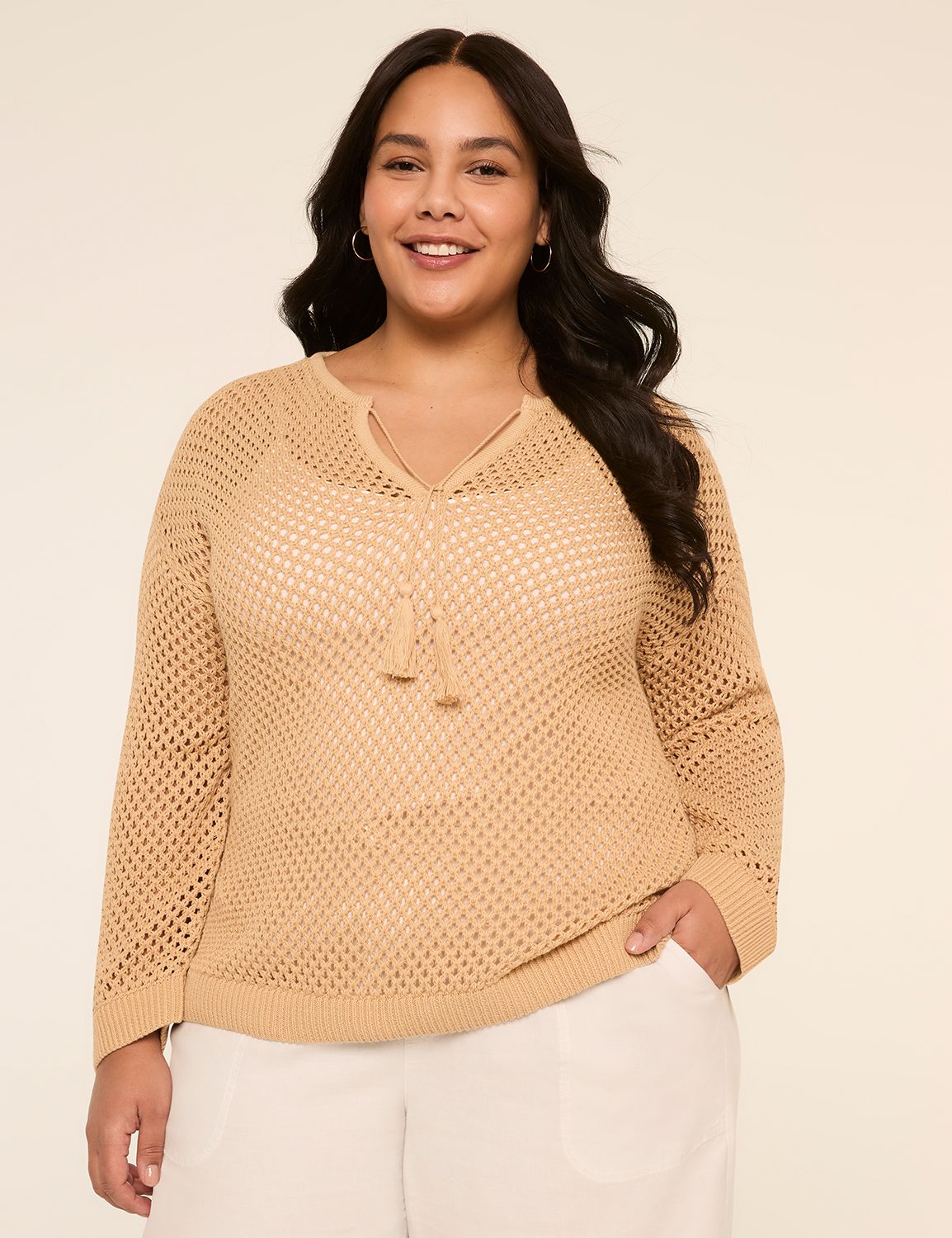 Tassel-Tie Open-Stitch Sweater Tunic