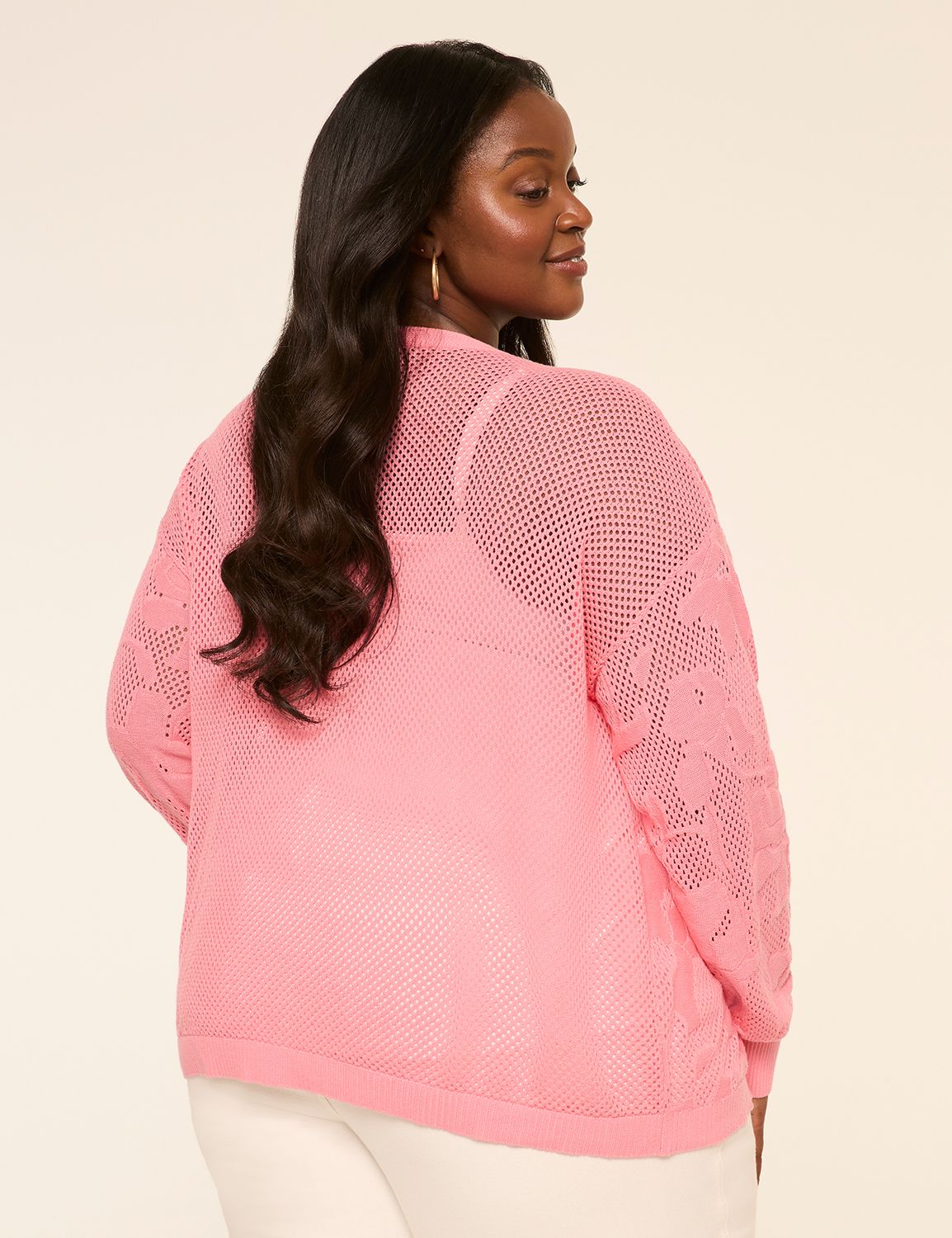 Open-Front Floral Mesh-Stitch Cardigan
