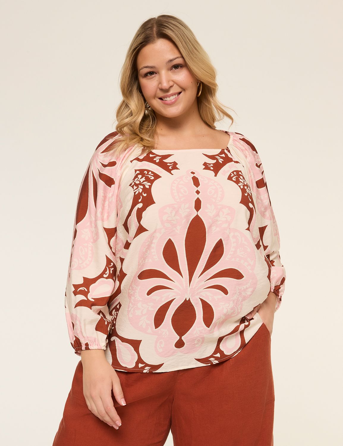 Bracelet-Sleeve Square-Neck Popover Blouse