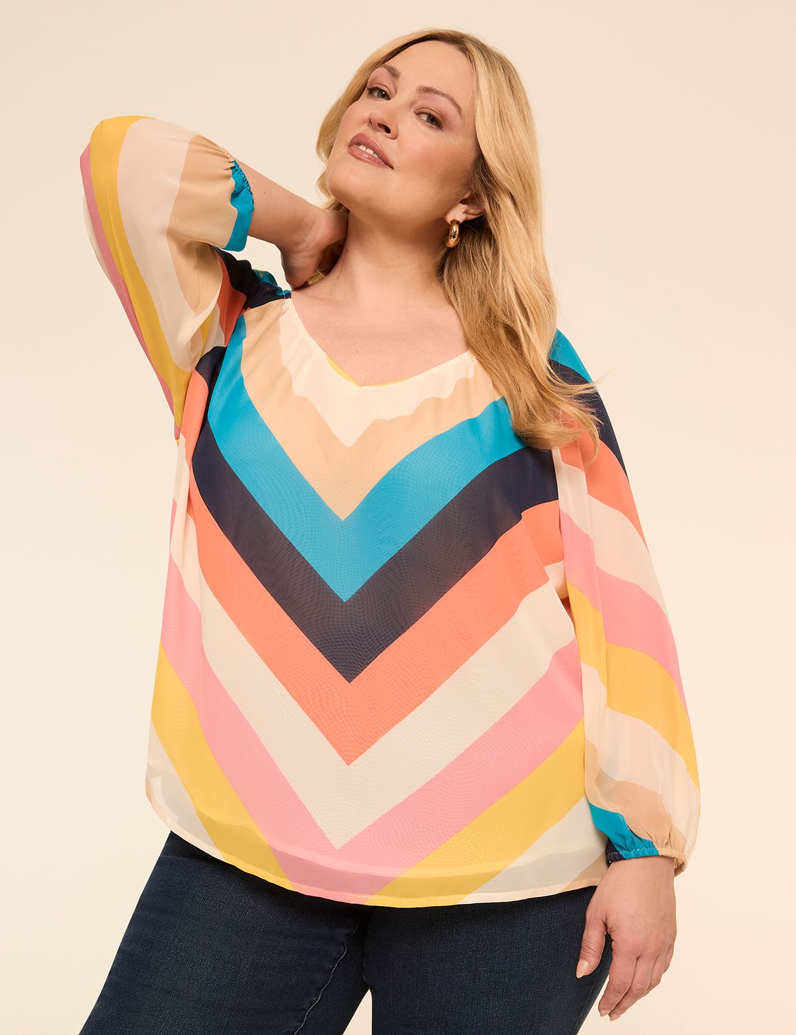 Swing Bracelet-Sleeve V-Neck Blouse