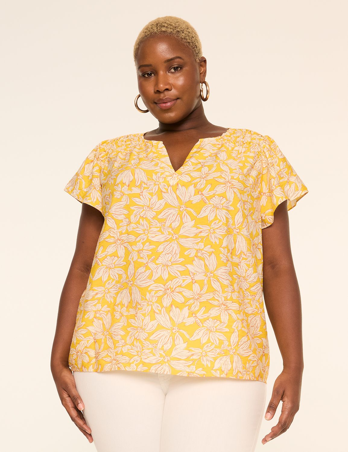 Flutter-Sleeve Notch-Neck Popover Blouse