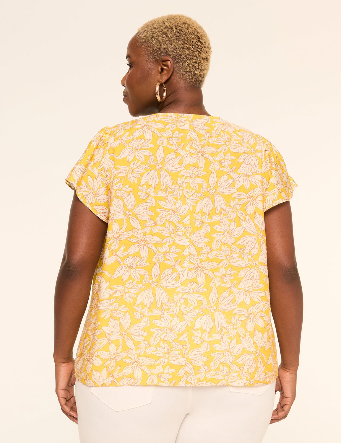 Flutter-Sleeve Notch-Neck Popover Blouse