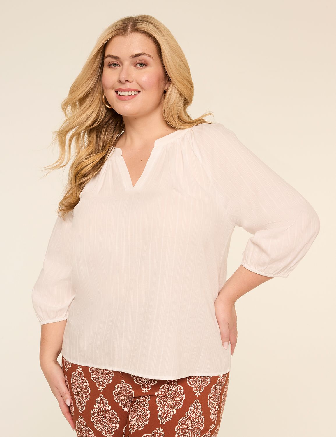 Notch-Neck Elbow-Sleeve Blouse