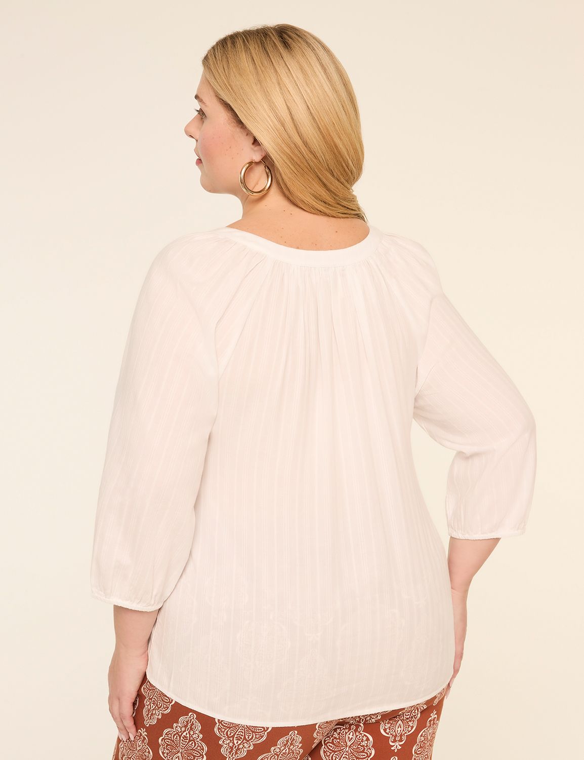 Notch-Neck Elbow-Sleeve Blouse