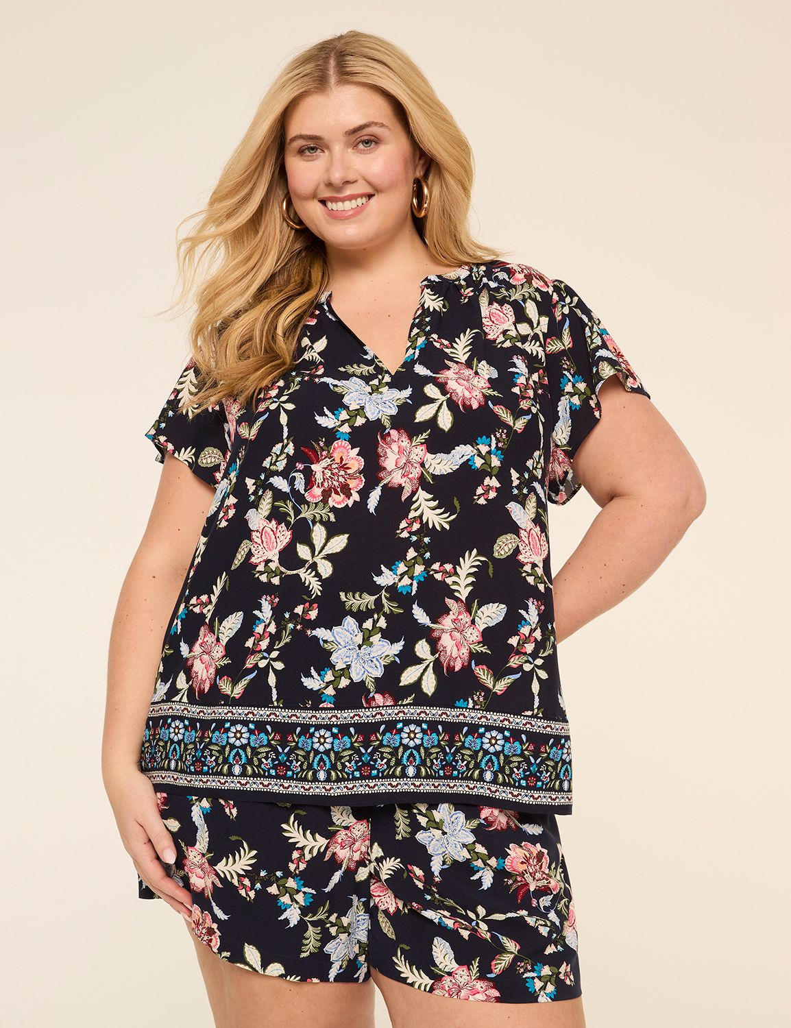 Flutter-Sleeve Split-Neck Popover Blouse