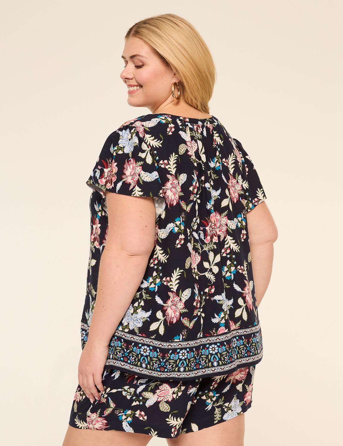 Flutter-Sleeve Split-Neck Popover Blouse