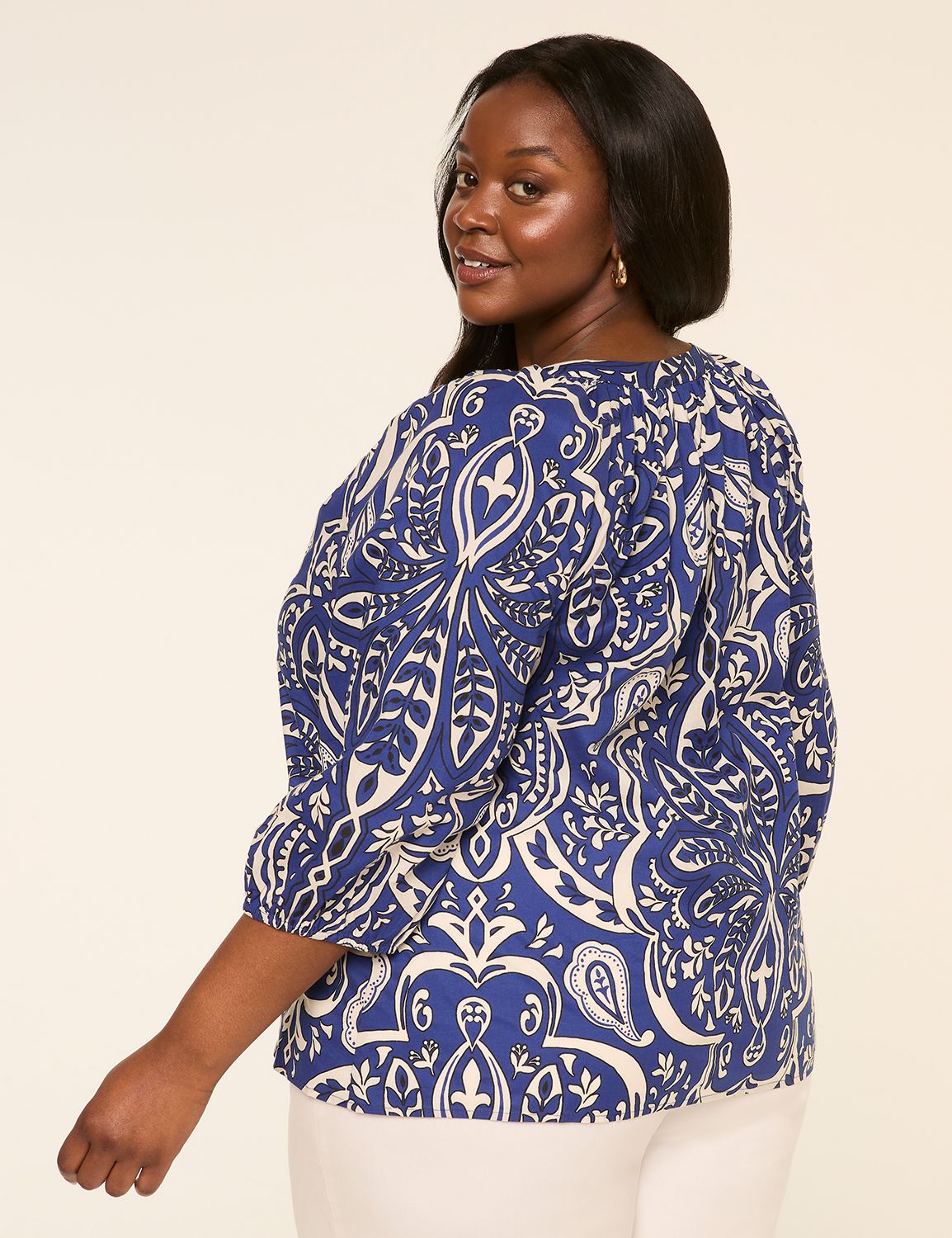Notch-Neck Elbow-Sleeve Blouse