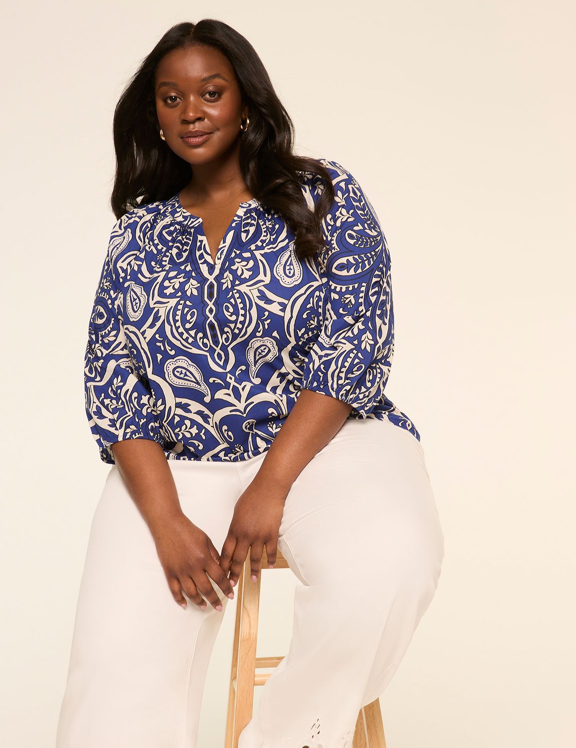 Classic Notch Neck Elbow Sleeve Top Product Image 3