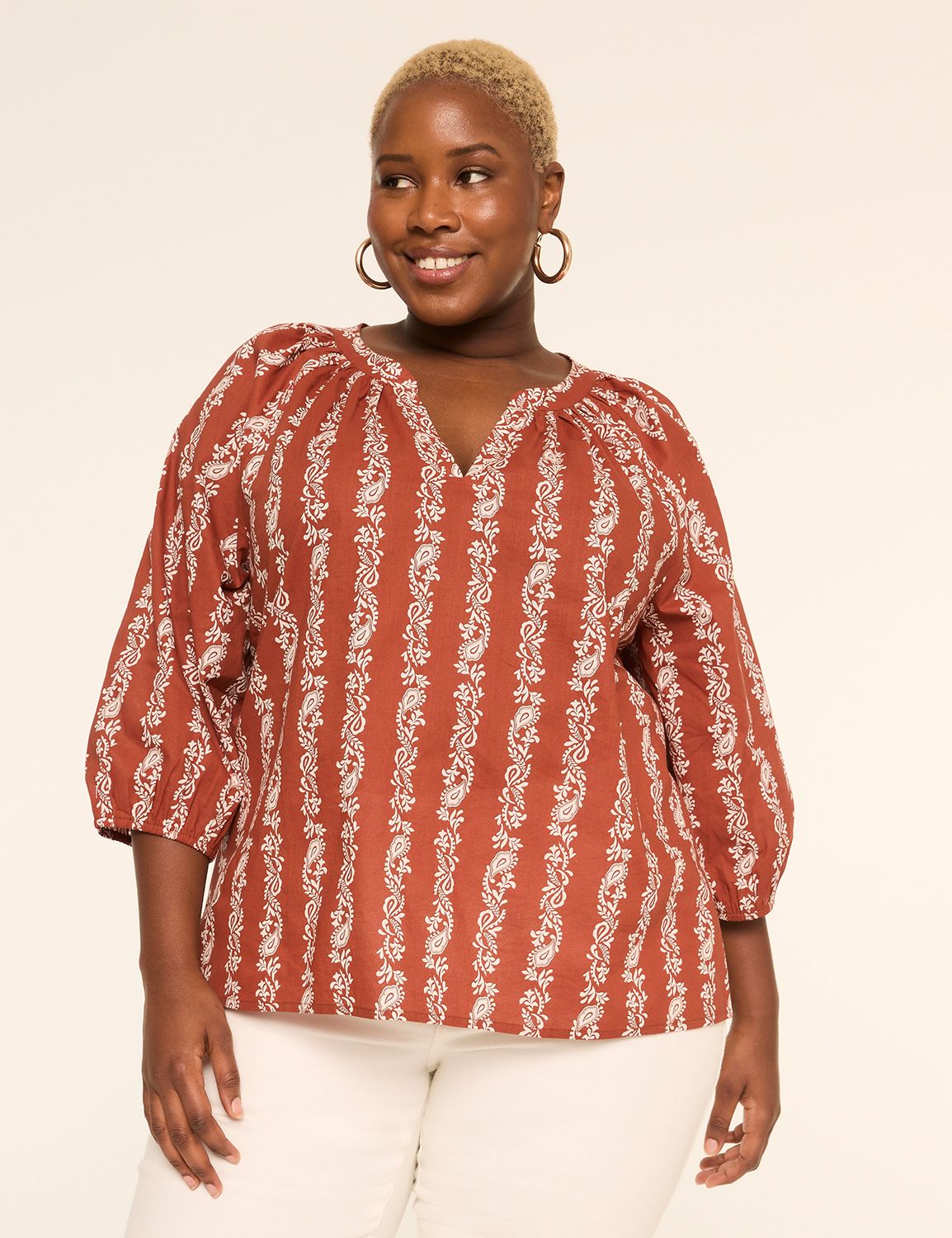 Notch-Neck Elbow-Sleeve Blouse