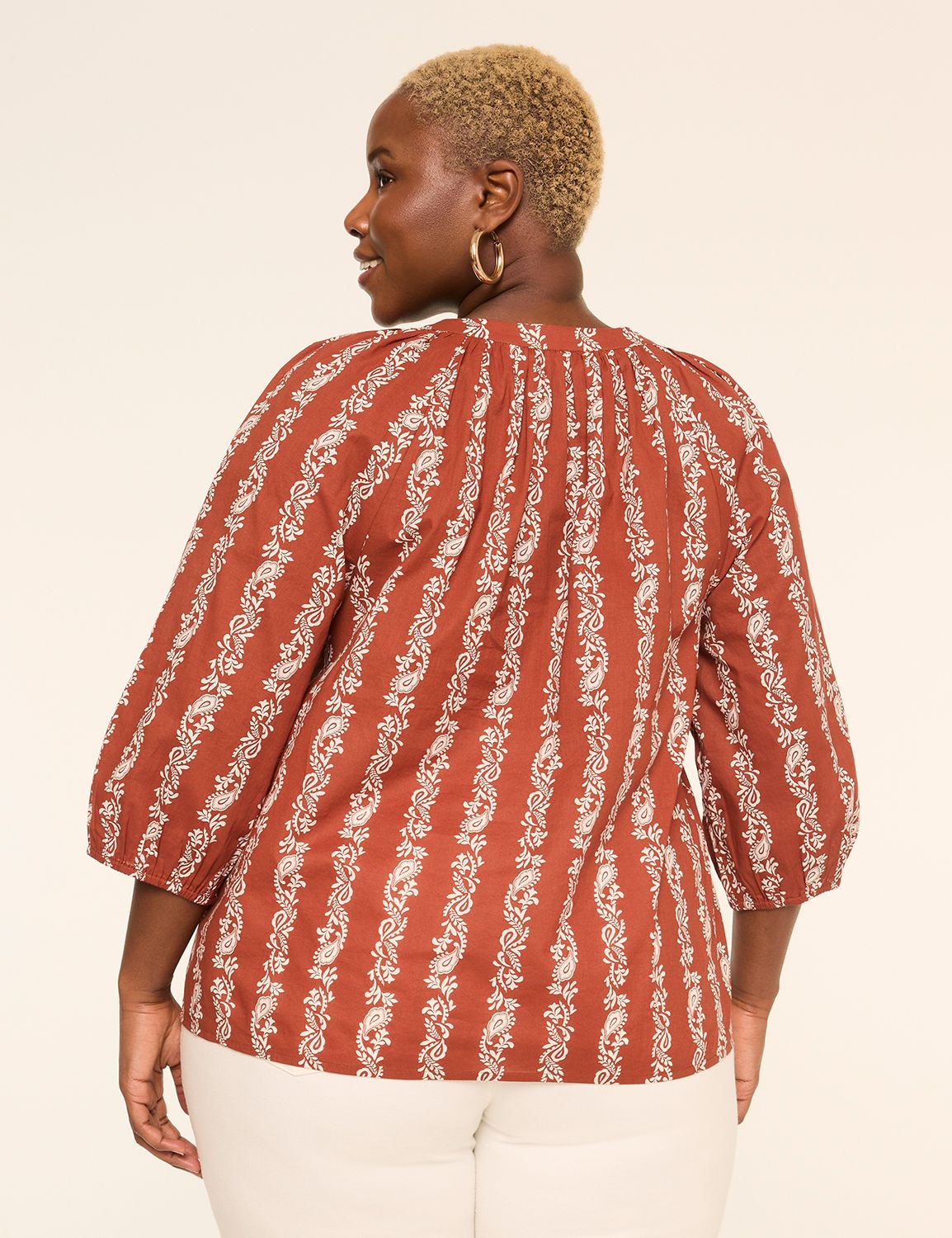 Notch-Neck Elbow-Sleeve Blouse