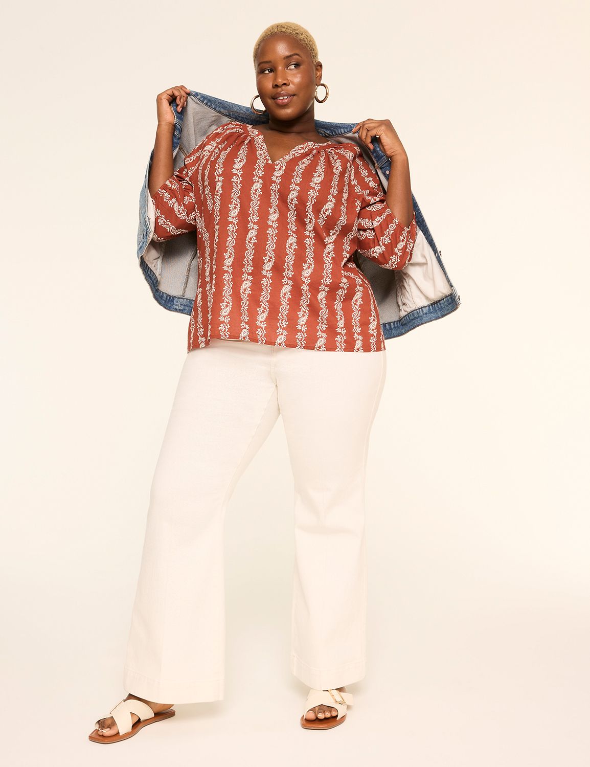 Classic Notch Neck Elbow Sleeve Top Product Image 3