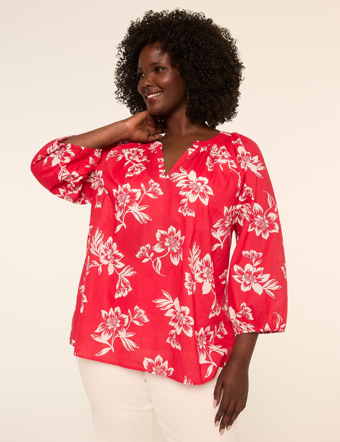 Notch-Neck Elbow-Sleeve Blouse