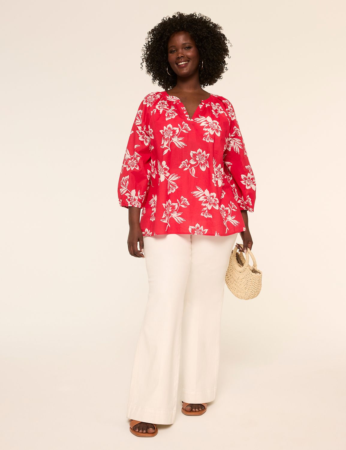 Classic Notch Neck Elbow Sleeve Top Product Image 3