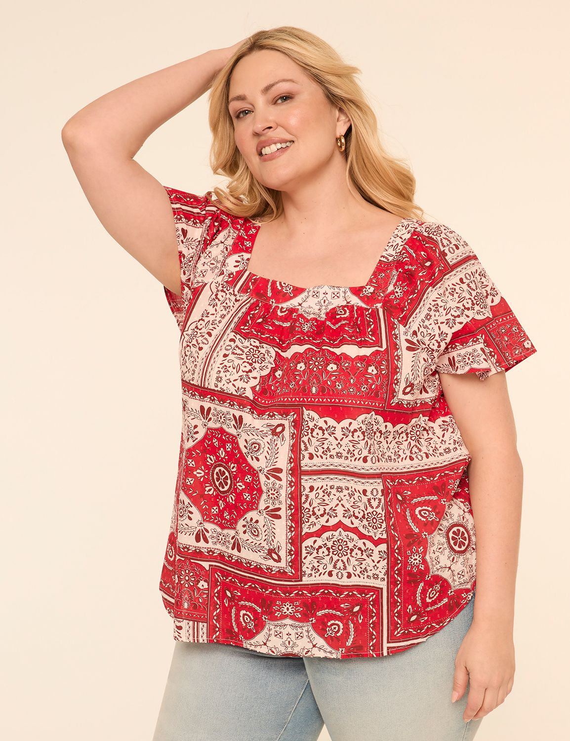 Swing Flutter-Sleeve Square-Neck Blouse