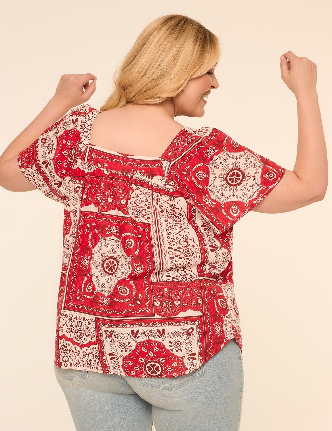Swing Flutter-Sleeve Square-Neck Blouse