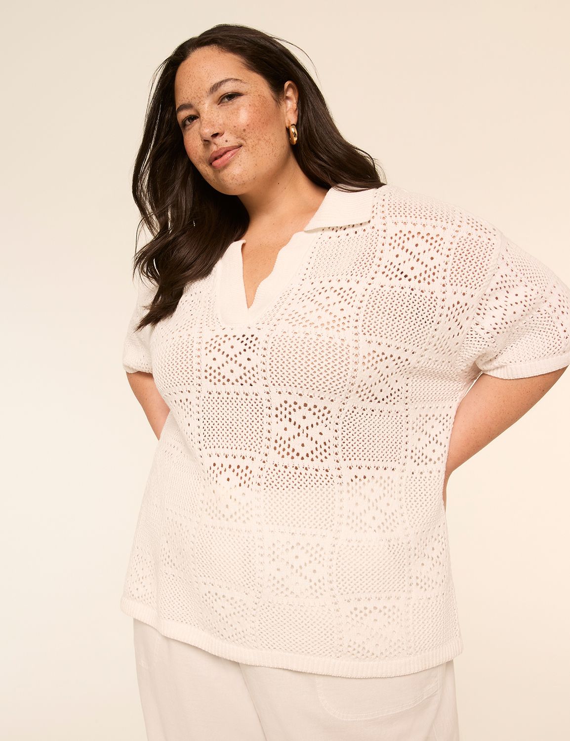 Short-Sleeve Collared Sweater Pullover