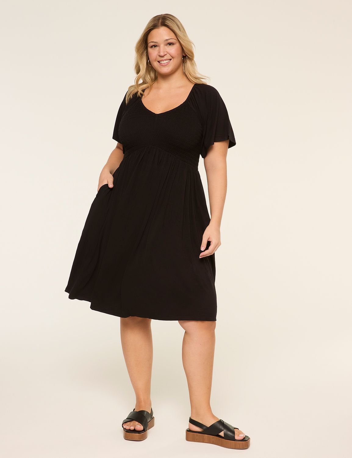 Smocked-Bodice Flutter-Sleeve Short Dress