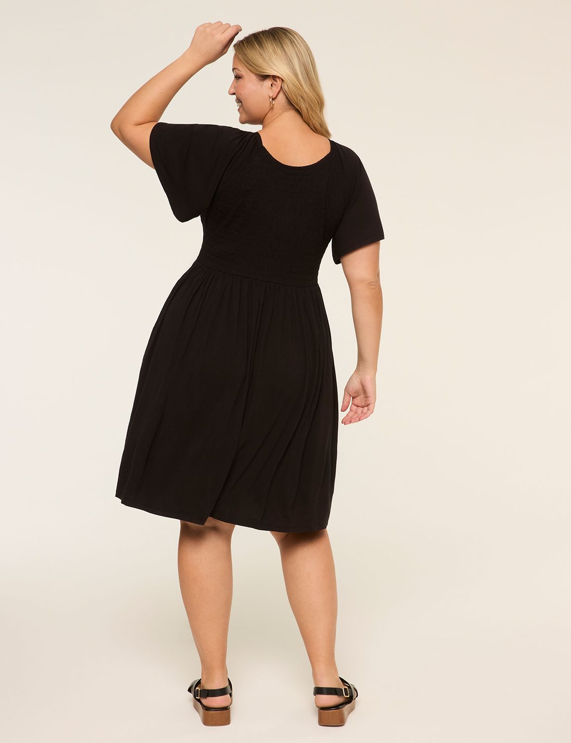 Smocked-Bodice Flutter-Sleeve Short Dress