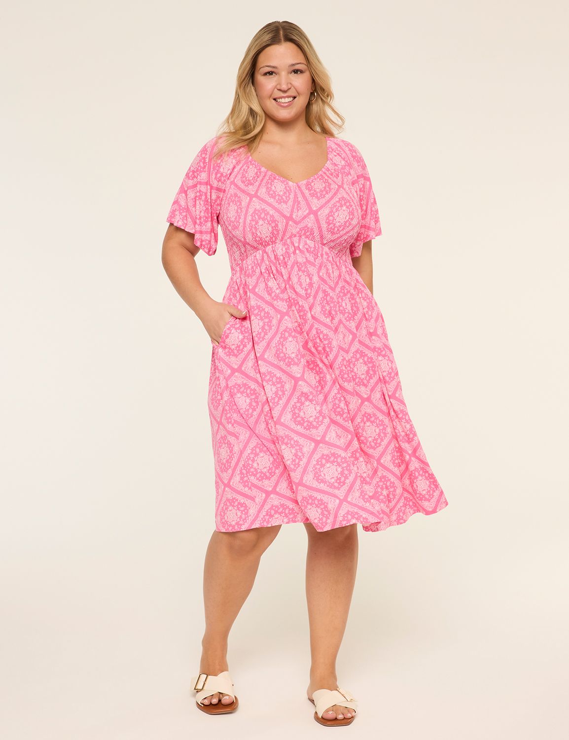 Smocked-Bodice Flutter-Sleeve Short Dress
