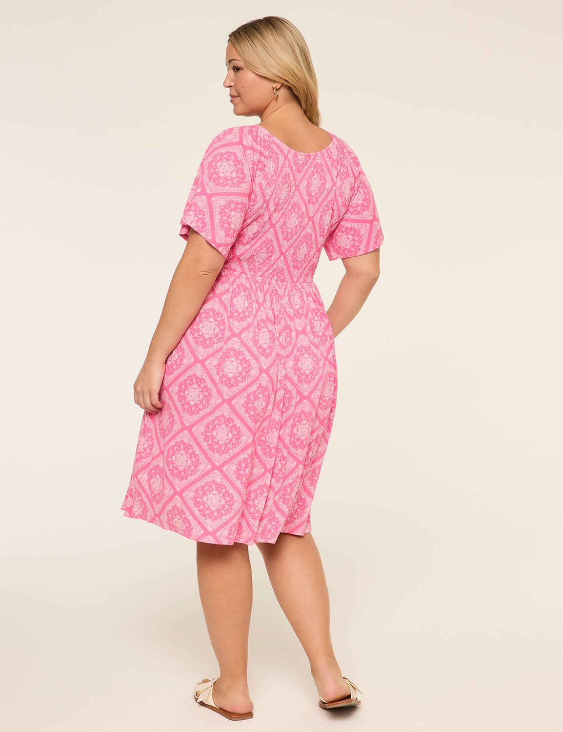 Smocked-Bodice Flutter-Sleeve Short Dress