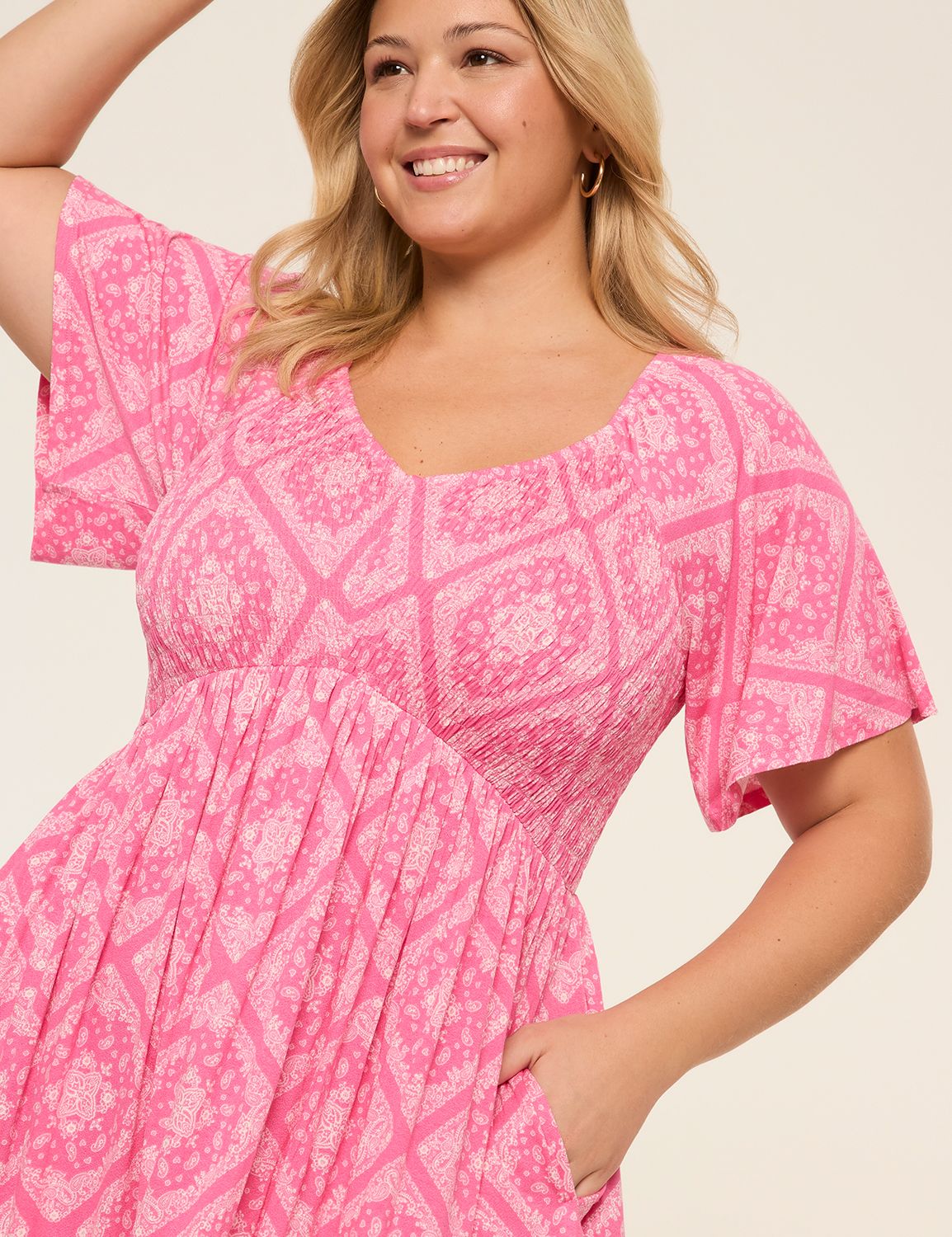VNECK SMOCKED BODICE FLUTTER SLEEVE Product Image 3