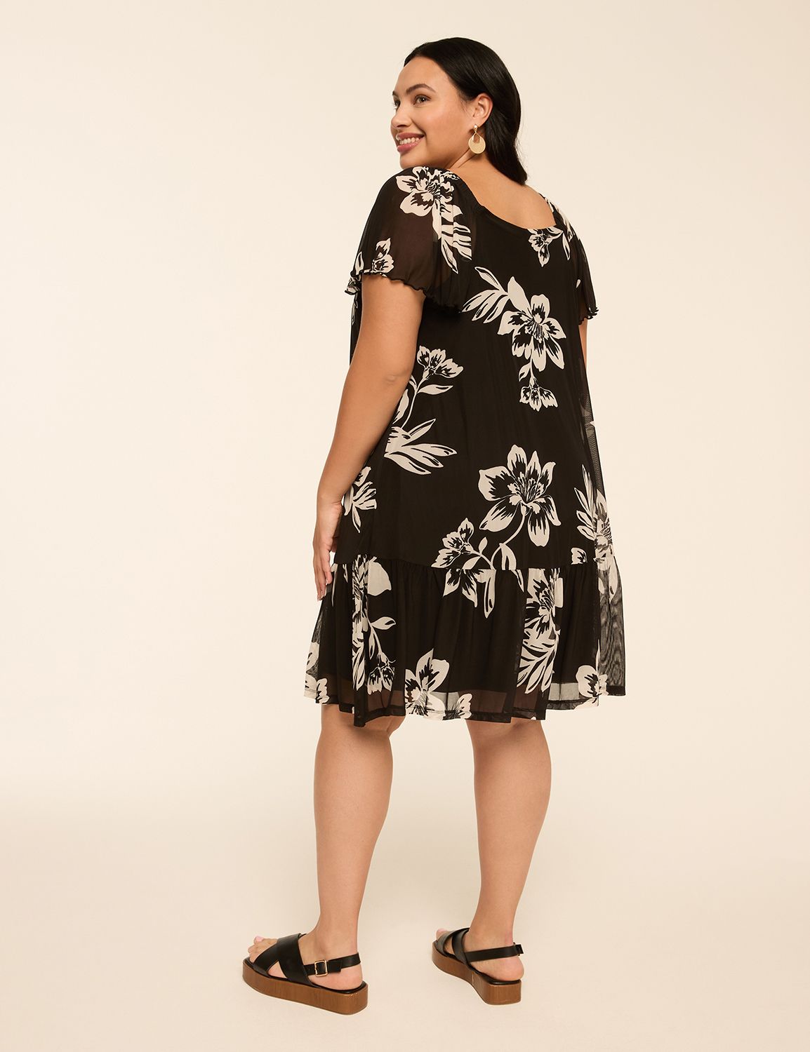 Flutter-Sleeve Open-Neck Swing Dress
