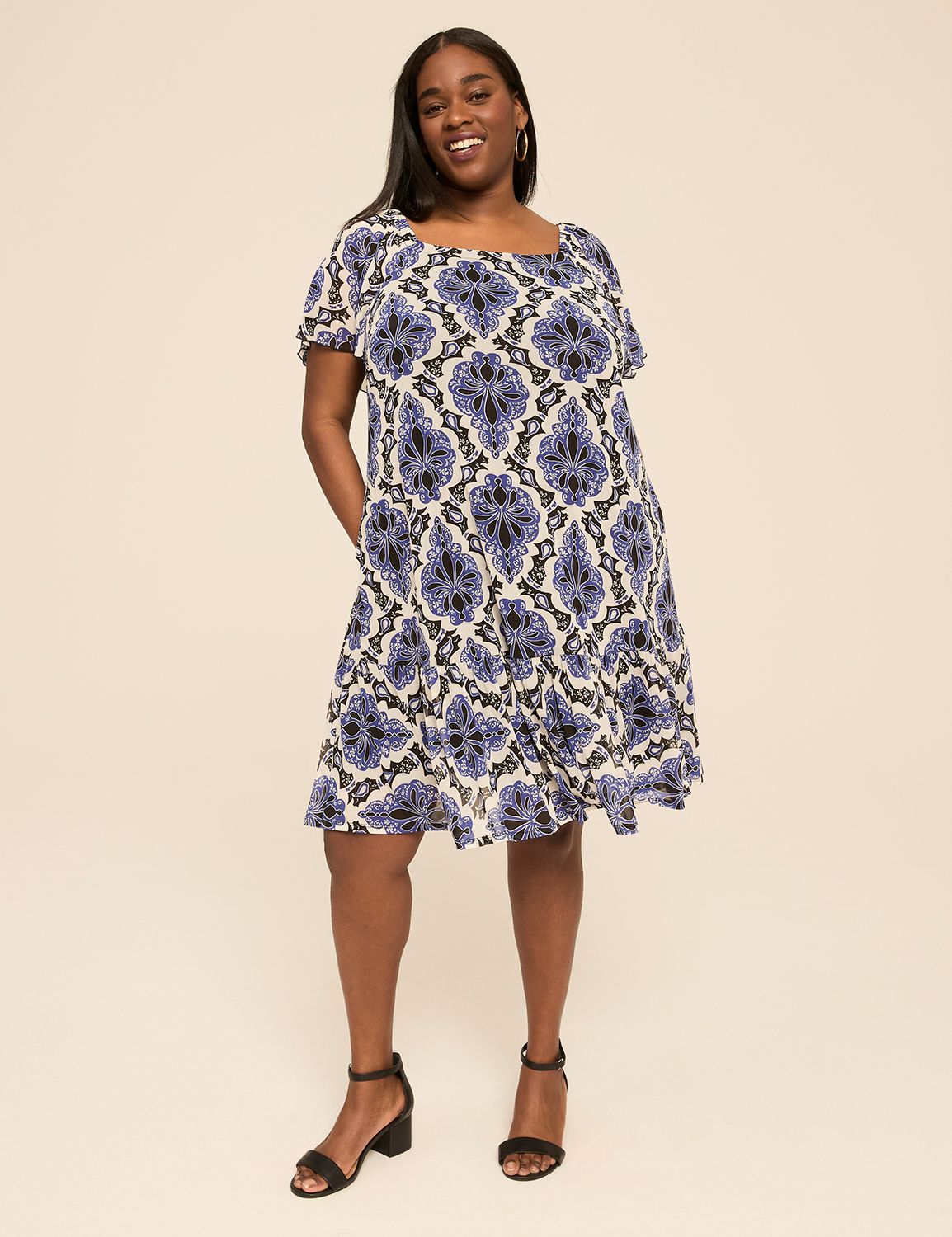 Flutter-Sleeve Open-Neck Swing Dress