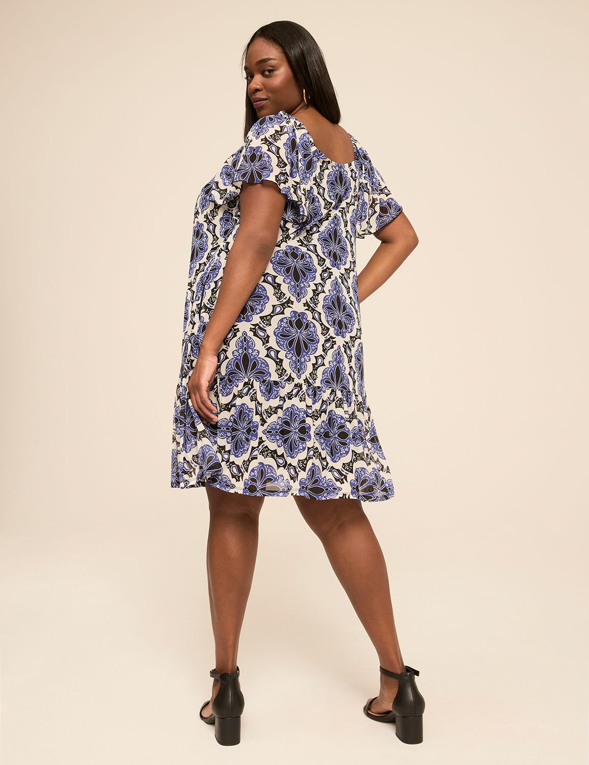 Flutter-Sleeve Open-Neck Swing Dress