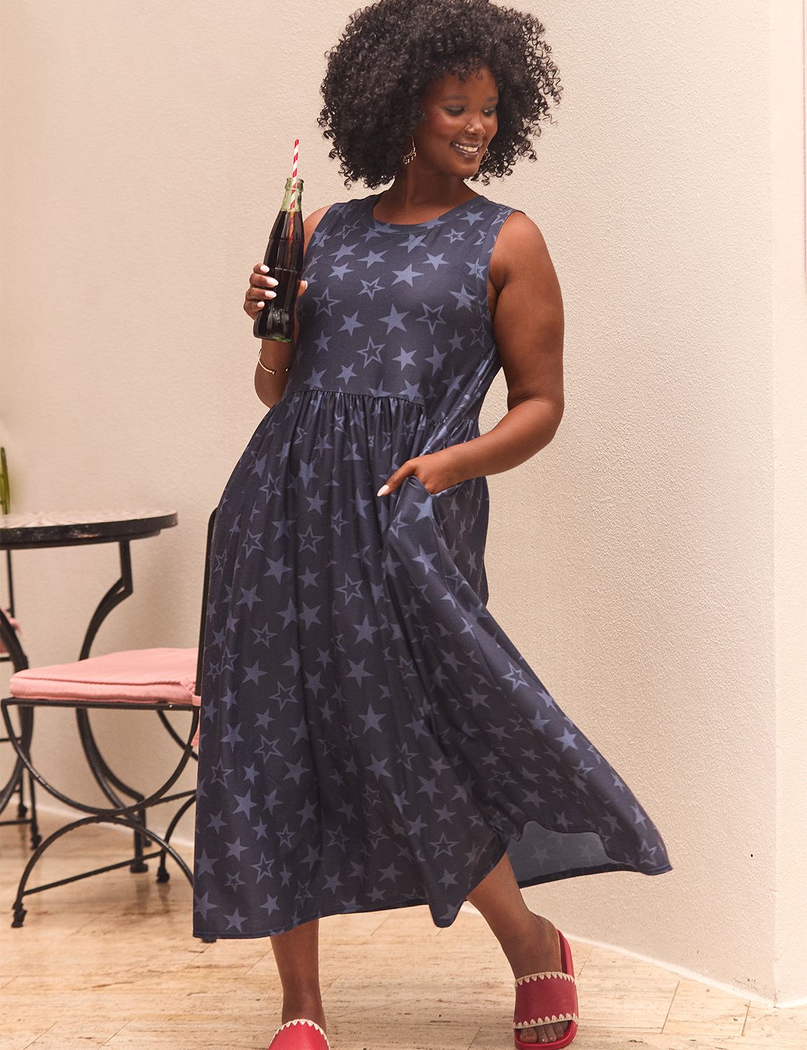 Plus Size Sleeveless Easy Swing Midi Dress, in Navy Star, 18/20, Women's, Lane Bryant