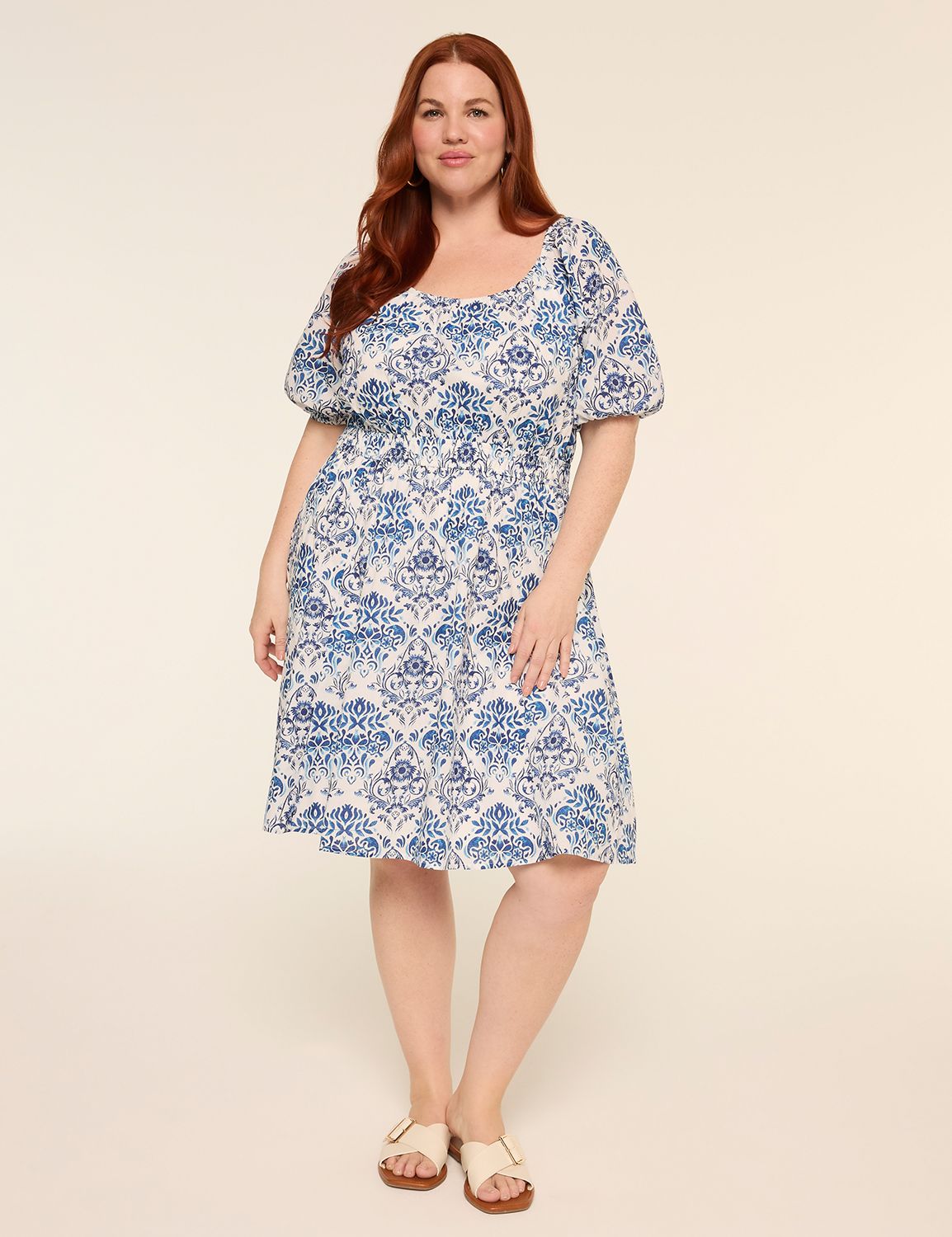 Puff-Sleeve Smocked-Waist Short Dress