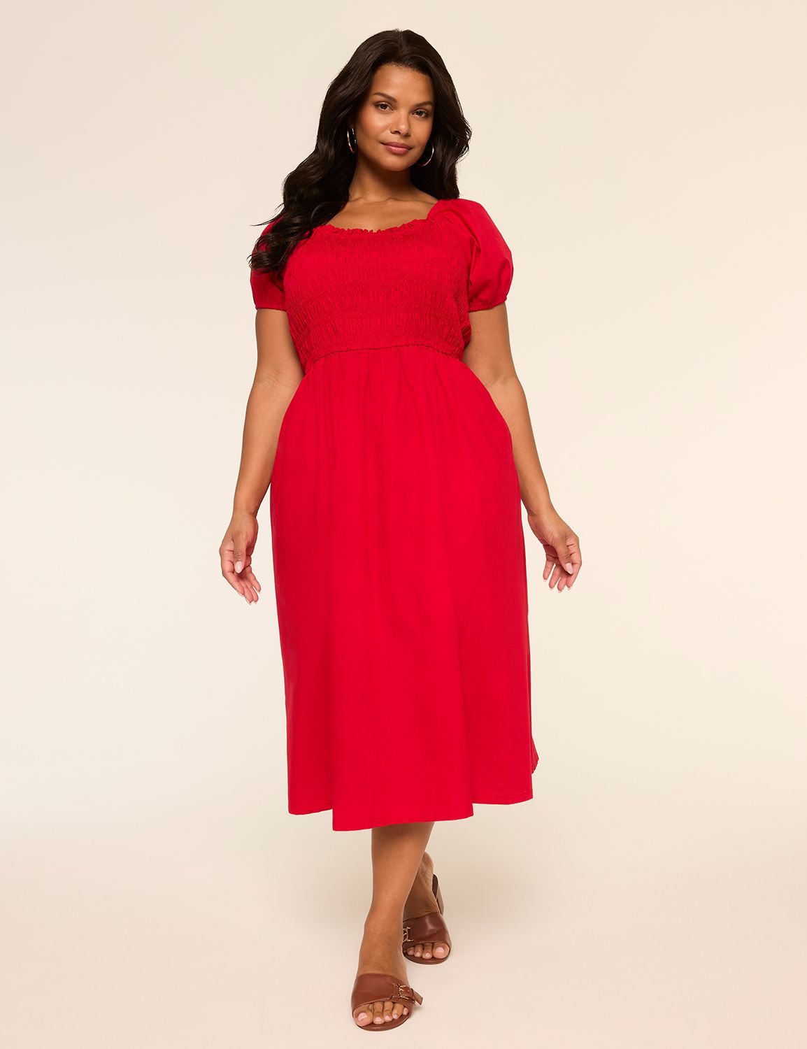 Puff-Sleeve Smocked-Bodice Midi Dress