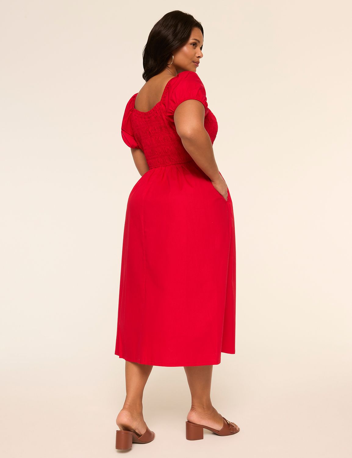 Puff-Sleeve Smocked-Bodice Midi Dress
