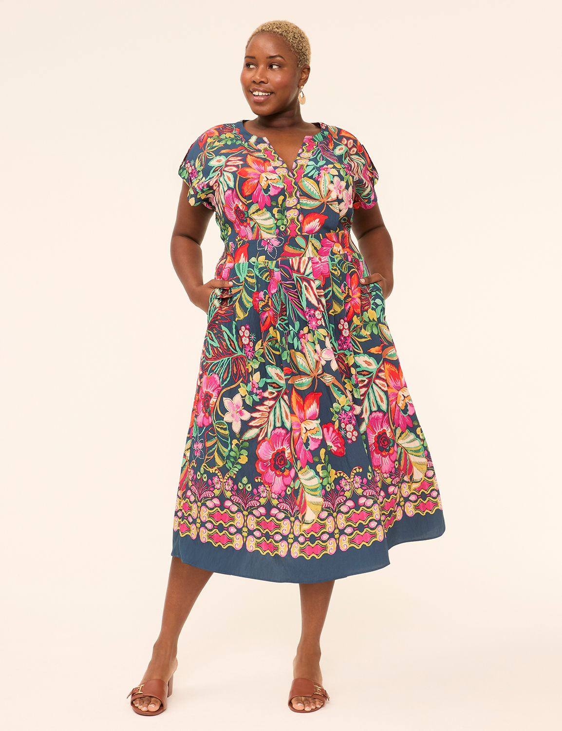 Short-Sleeve Notch-Neck Midi Dress