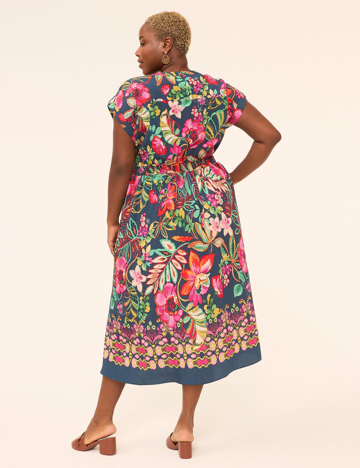 Short-Sleeve Notch-Neck Midi Dress