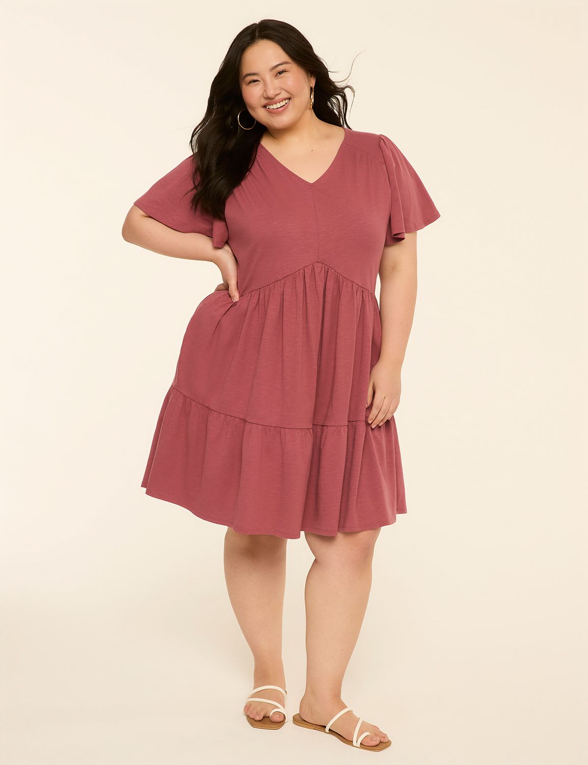 Flutter-Sleeve Tiered Swing Dress