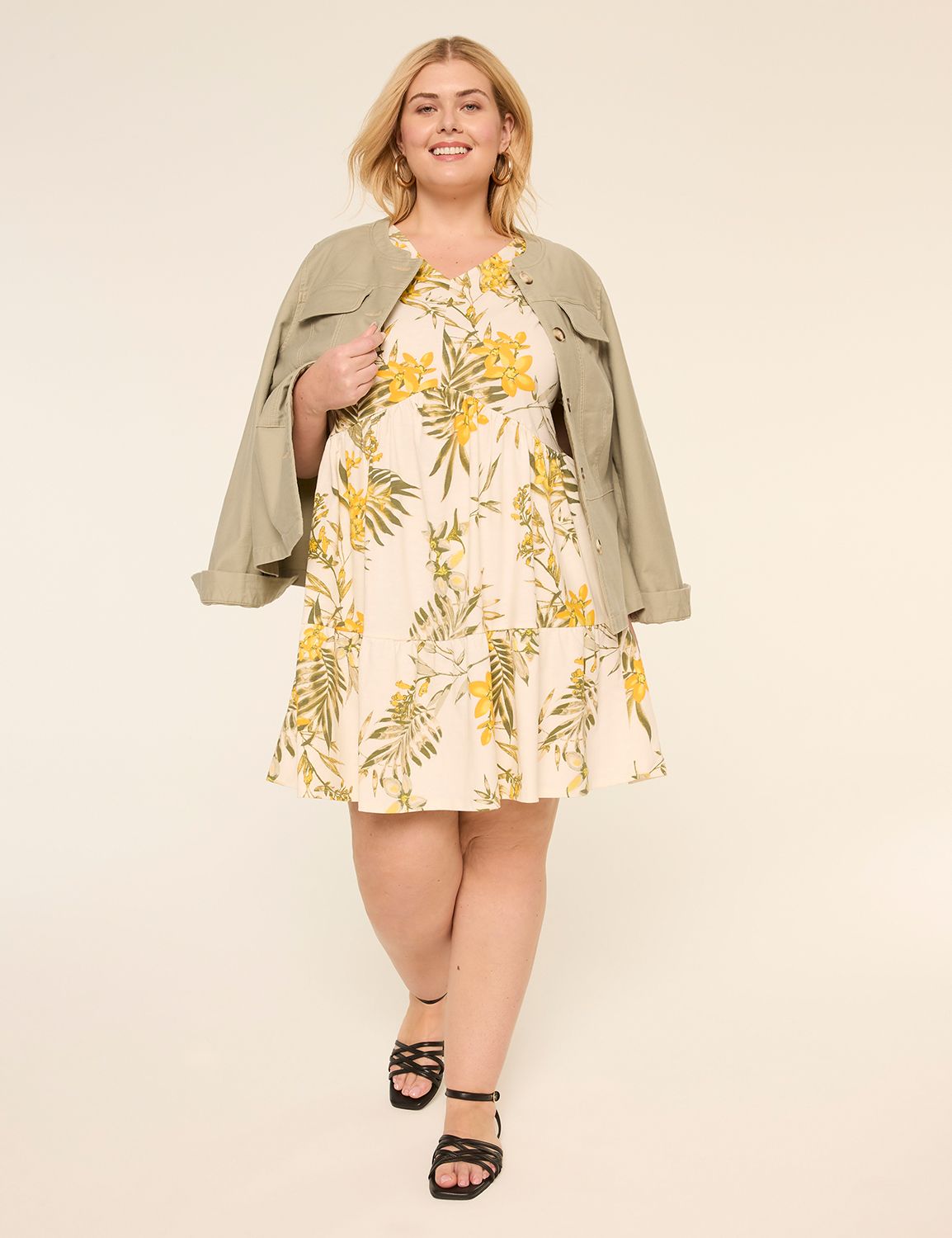 Flutter-Sleeve Tiered Swing Dress